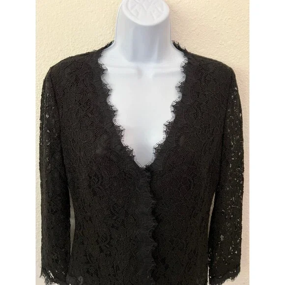 Diane von Furstenberg Shirt 6 Women Blk Lace Top ButtonUp Sheer Long Sleeve $298 - Picture 2 of 12
